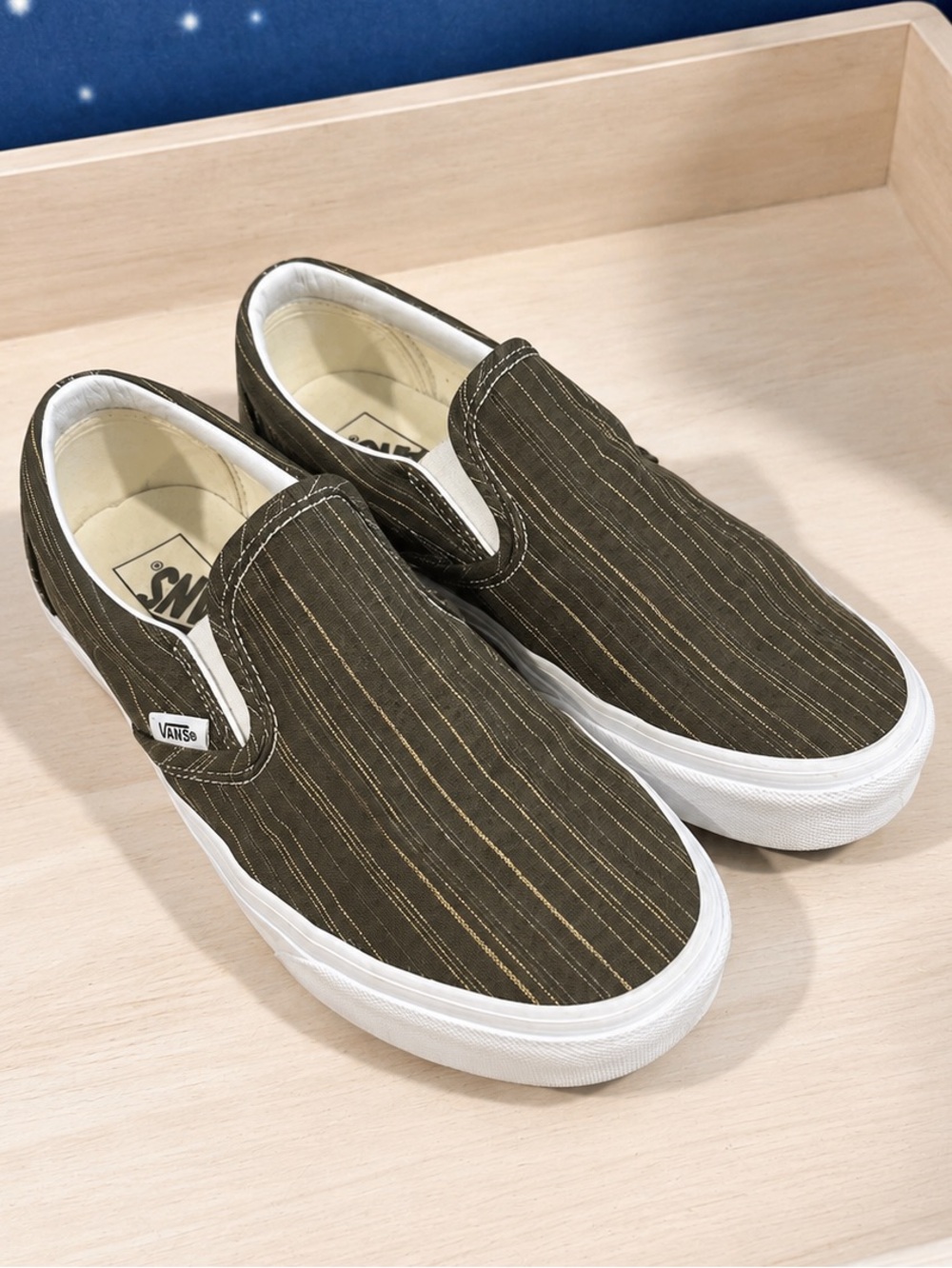 Vans Classic Slip-On Sneakers Olive Pinstripe Canvas Women’s Size 8